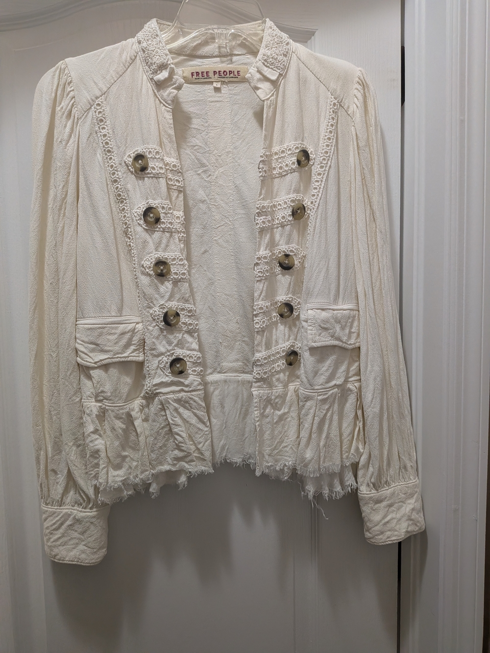 Free People Cream Lace-Trim Military-Style Blazer With Distressing